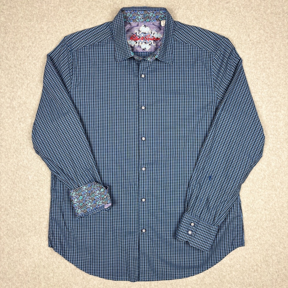 Robert Graham Shirt Mens L Classic Fit Blue Micro Check Button Down Flip Cuff
